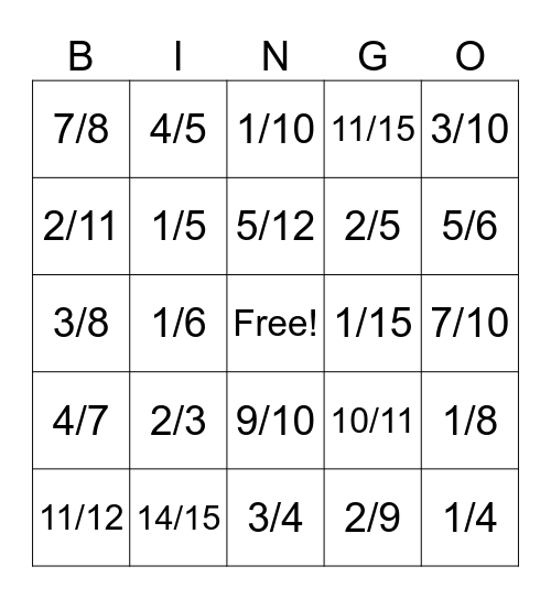 Simplifying Fractions Bingo Card