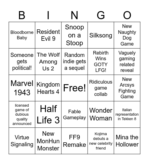 The Game Awards Bingo Card