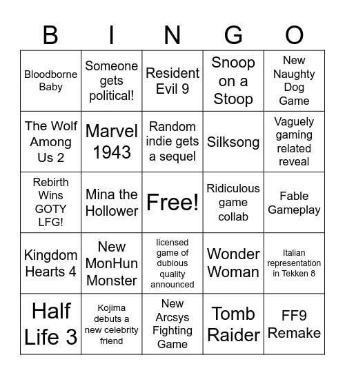 The Game Awards Bingo Card