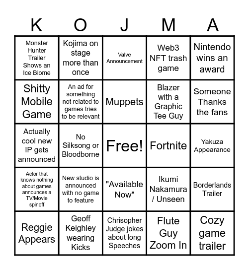 TGA 2024 Bingo Card