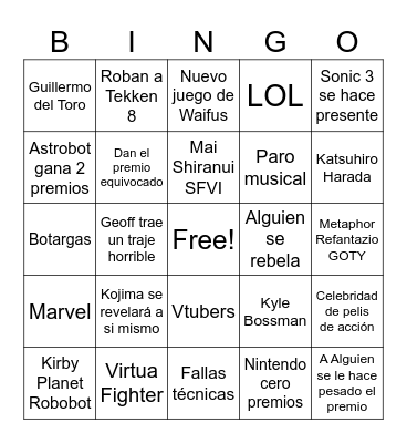 Game Awards 2024 Bingo Card