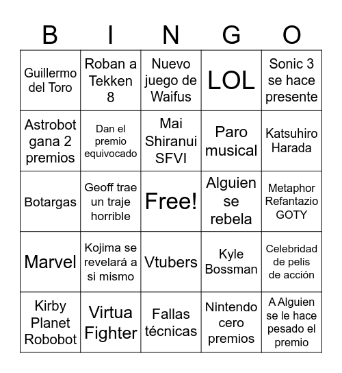 Game Awards 2024 Bingo Card