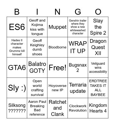 Game Awards 2024 Bingo Card