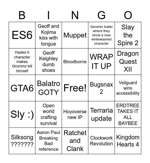 Game Awards 2024 Bingo Card