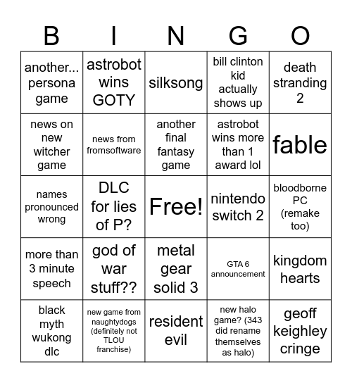 game awards 2024 Bingo Card