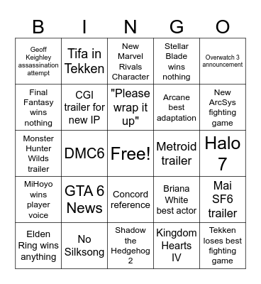 Game Awards Bingo Card