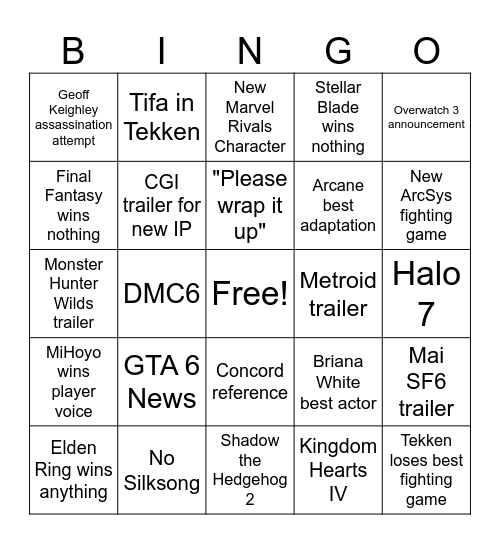 Game Awards Bingo Card