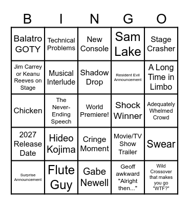 Game Awards 2024 Bingo Card