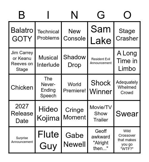 Game Awards 2024 Bingo Card