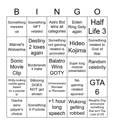 The Game Awards 2024 Bingo Card