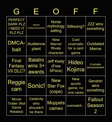 Game Awards Bingo 2024 Bingo Card