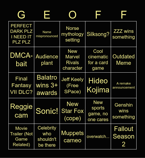 Game Awards Bingo 2024 Bingo Card