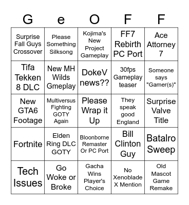 Game Awards 2024 Bingo Card