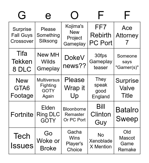 Game Awards 2024 Bingo Card