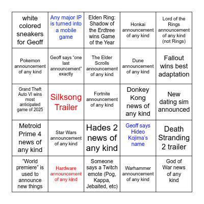 Game Awards 2024 Bingo Card