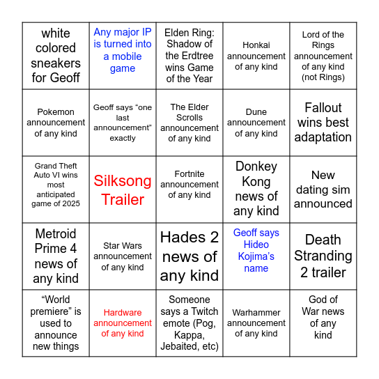 Game Awards 2024 Bingo Card