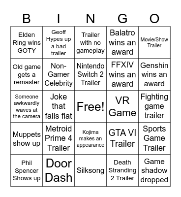 Game Awards 2024 Bingo Card