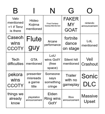 Veil's Game Award Bingo Card