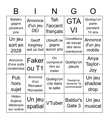 Game Awards 2024 Bingo Card