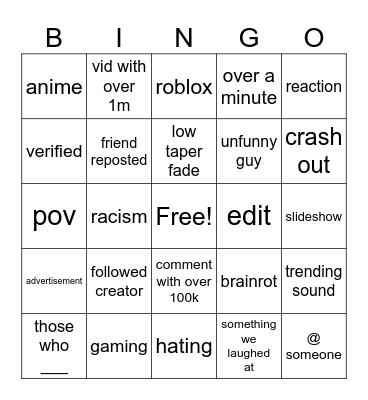 tik tok bingo Card