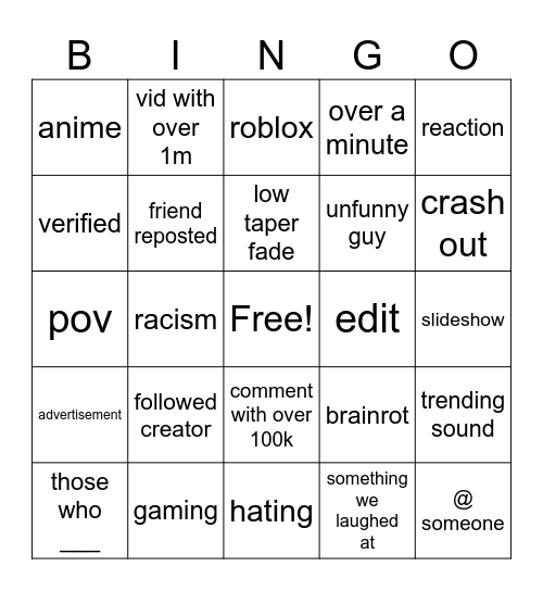 tik tok bingo Card