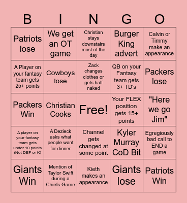 Football Sunday BINGO! Bingo Card