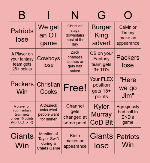 Football Sunday BINGO! Bingo Card