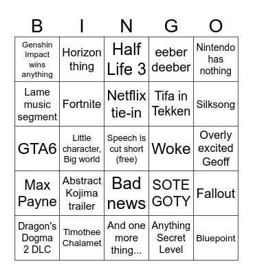 The Gay Awards Bingo Card