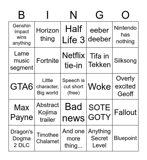 The Gay Awards Bingo Card