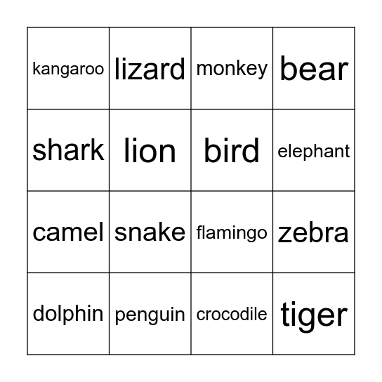 Animals Bingo Card