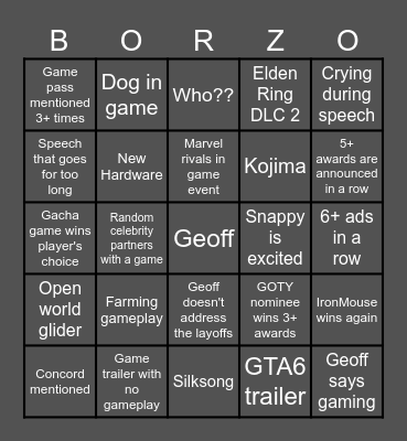 2024 Game Awards Bingo Card