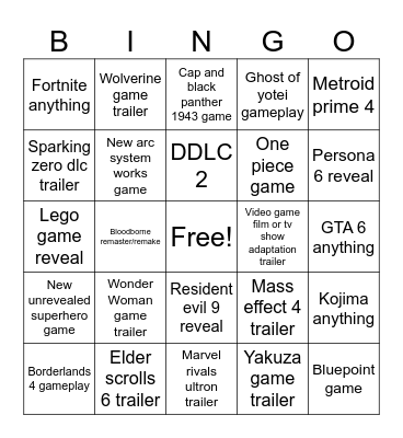 Game Awards Bingo Card