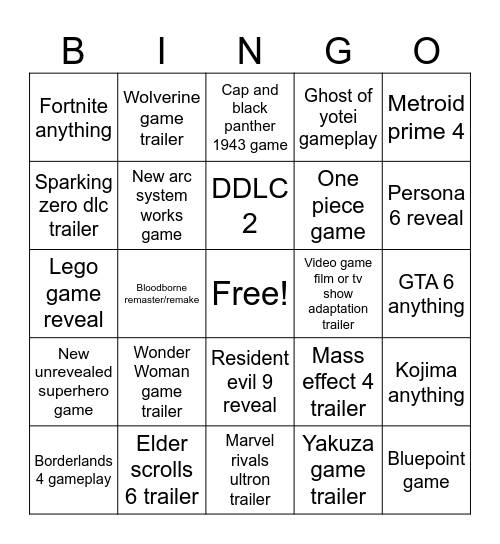 Game Awards Bingo Card