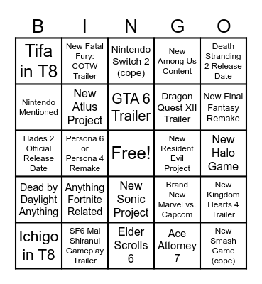 Game Awards 2024 Bingo Card