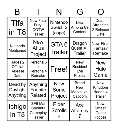 Game Awards 2024 Bingo Card