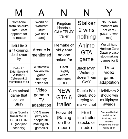 The Game Awards BINGO Card