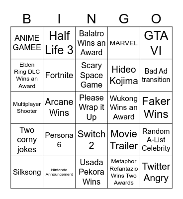 THE GAME AWARDS 2024 Bingo Card