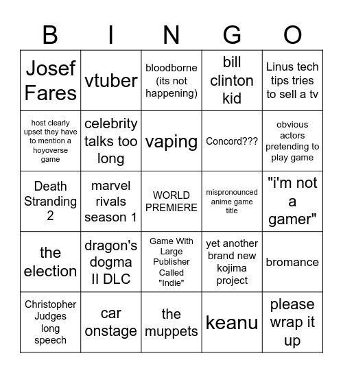 The Game Awards 2025 Bingo Card