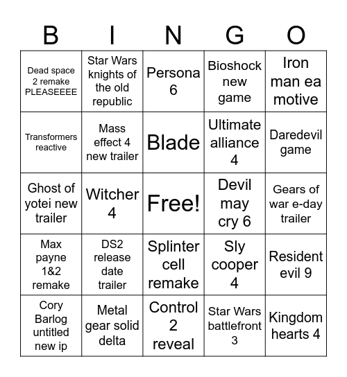 Game awards reveal Bingo Card