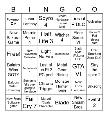 Game awards Bingo Card
