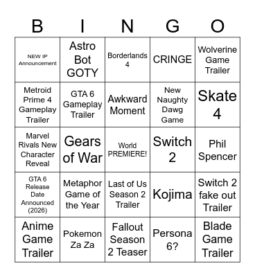 Game Awards 2024 Bingo Card