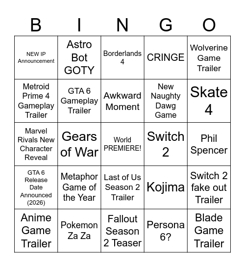 Game Awards 2024 Bingo Card