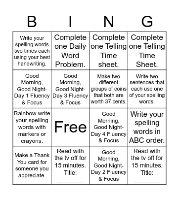 Homework Bingo- Group 1 (9/6) Bingo Card