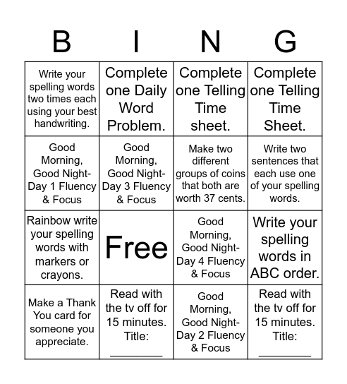 Homework Bingo- Group 1 (9/6) Bingo Card