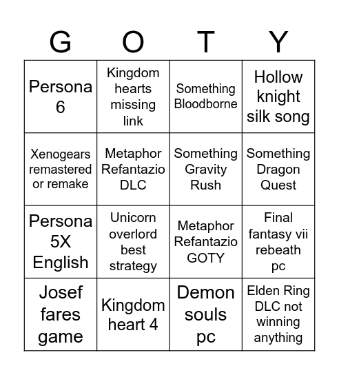 THE GAME AWARDS 2024 Bingo Card