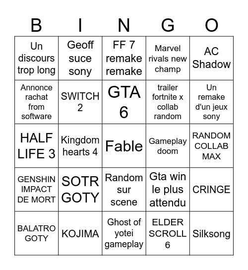 GAME AWARDS 2024 Bingo Card