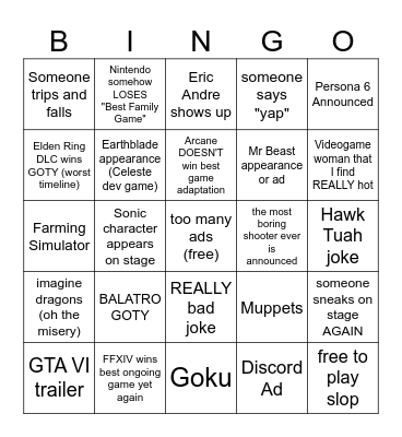 Game Awards 2024 Bingo Card