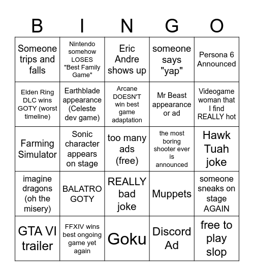 Game Awards 2024 Bingo Card