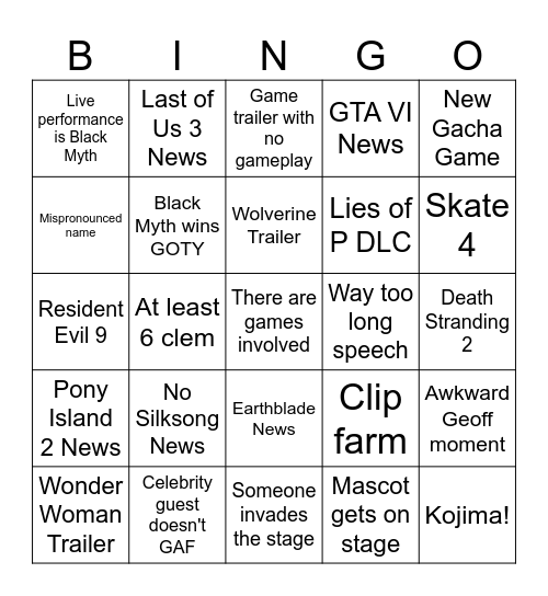 Game Awards 2024 Bingo Card