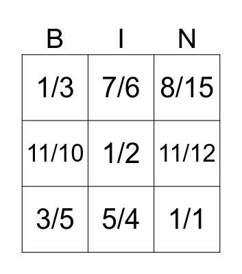 Fractions Bingo Card